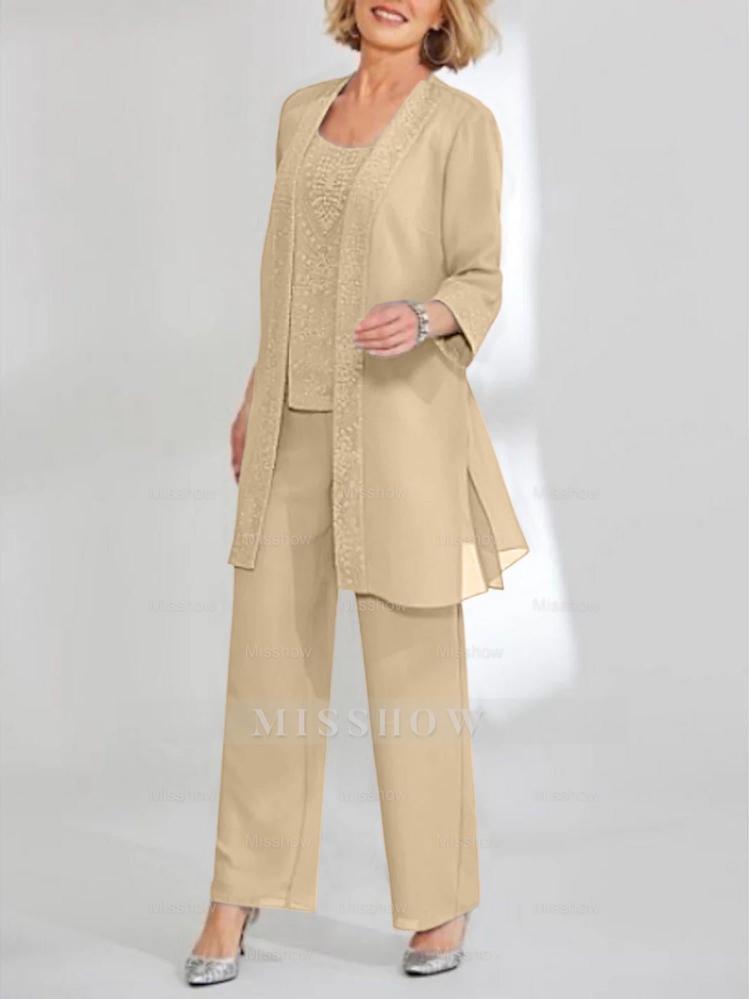Ankle-Length Chiffon Mother of the Bride Pantsuit with Jacket in Scoop Style