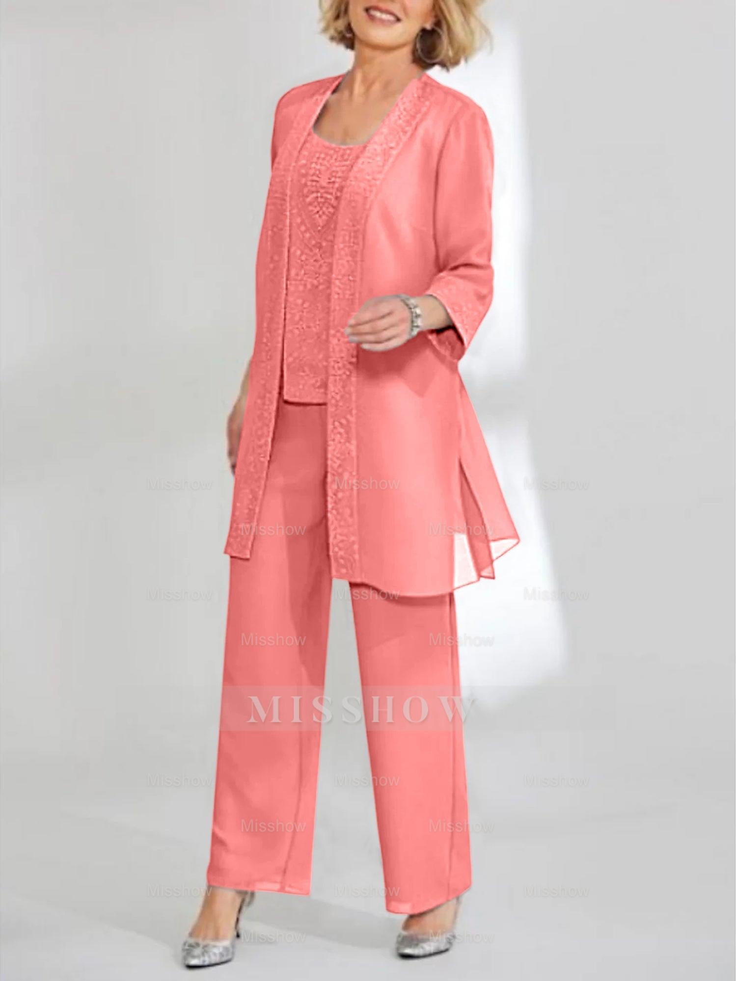 Ankle-Length Chiffon Mother of the Bride Pantsuit with Jacket in Scoop Style