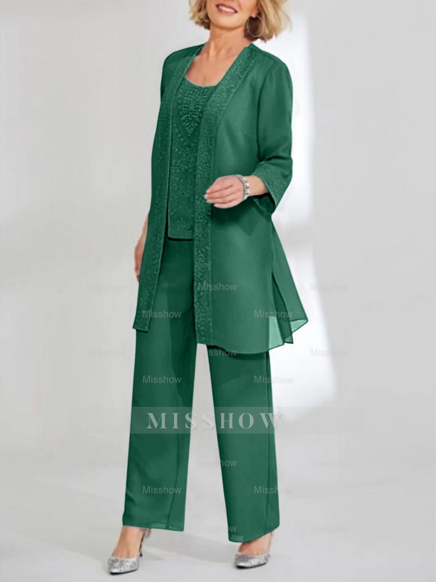Ankle-Length Chiffon Mother of the Bride Pantsuit with Jacket in Scoop Style