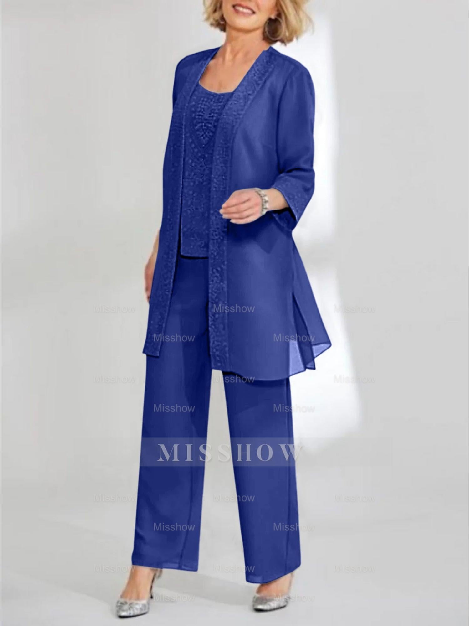 Ankle-Length Chiffon Mother of the Bride Pantsuit with Jacket in Scoop Style