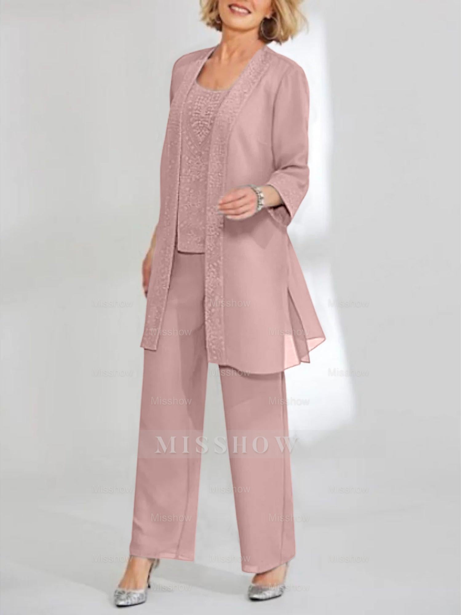 Ankle-Length Chiffon Mother of the Bride Pantsuit with Jacket in Scoop Style