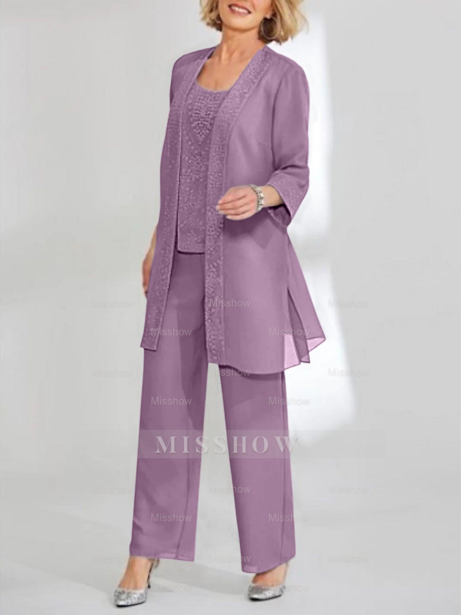 Ankle-Length Chiffon Mother of the Bride Pantsuit with Jacket in Scoop Style