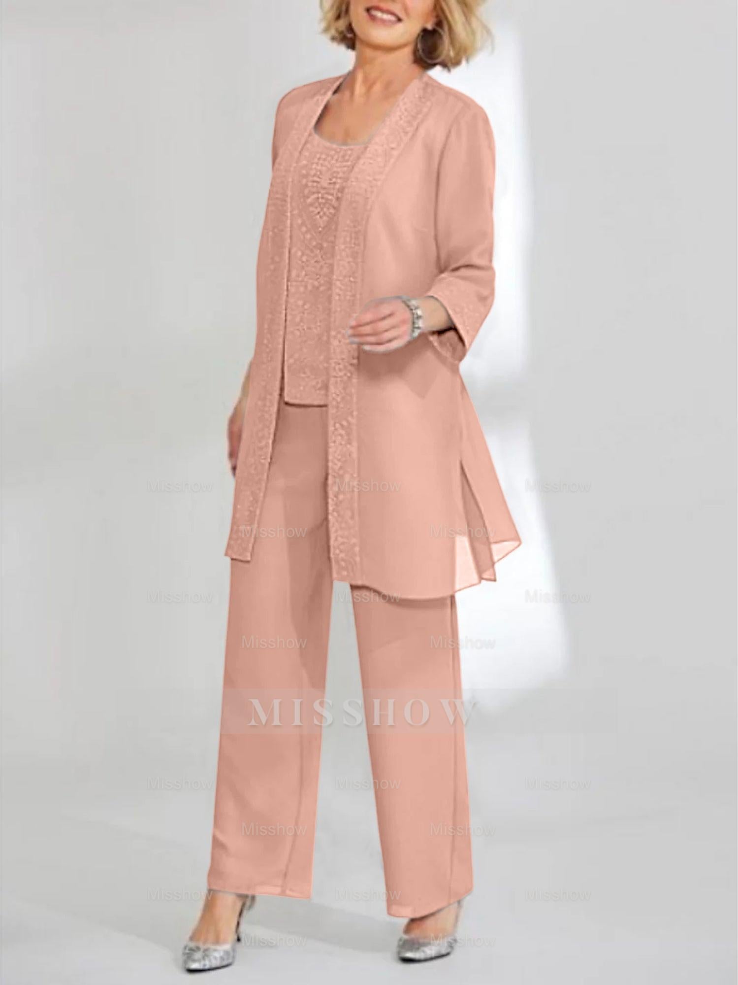 Ankle-Length Chiffon Mother of the Bride Pantsuit with Jacket in Scoop Style