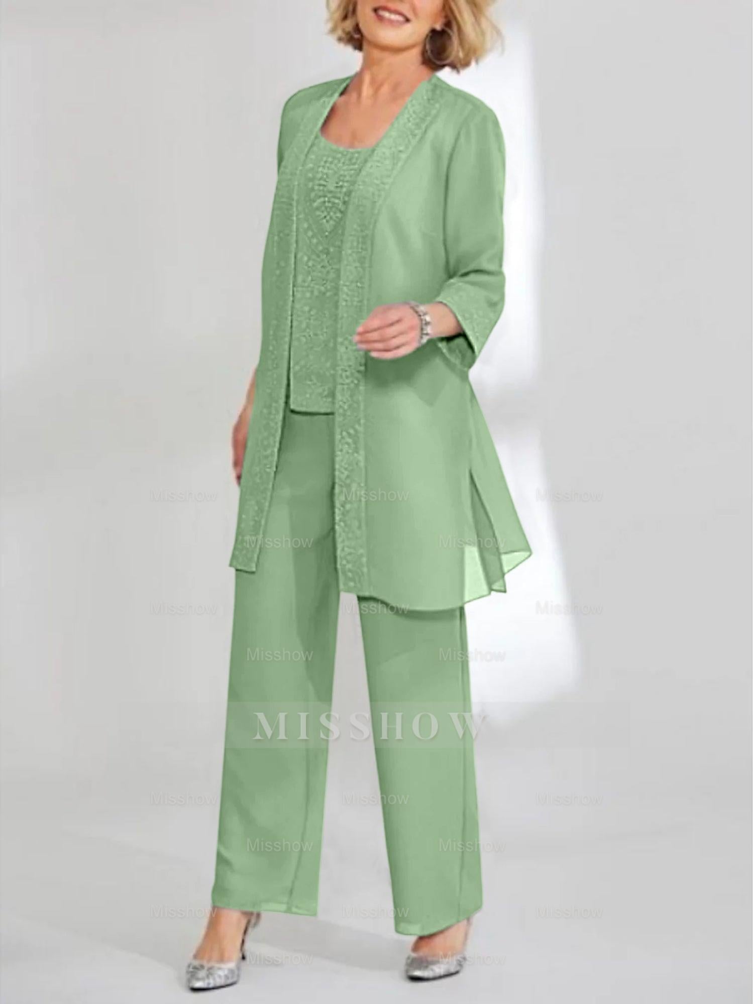 Ankle-Length Chiffon Mother of the Bride Pantsuit with Jacket in Scoop Style
