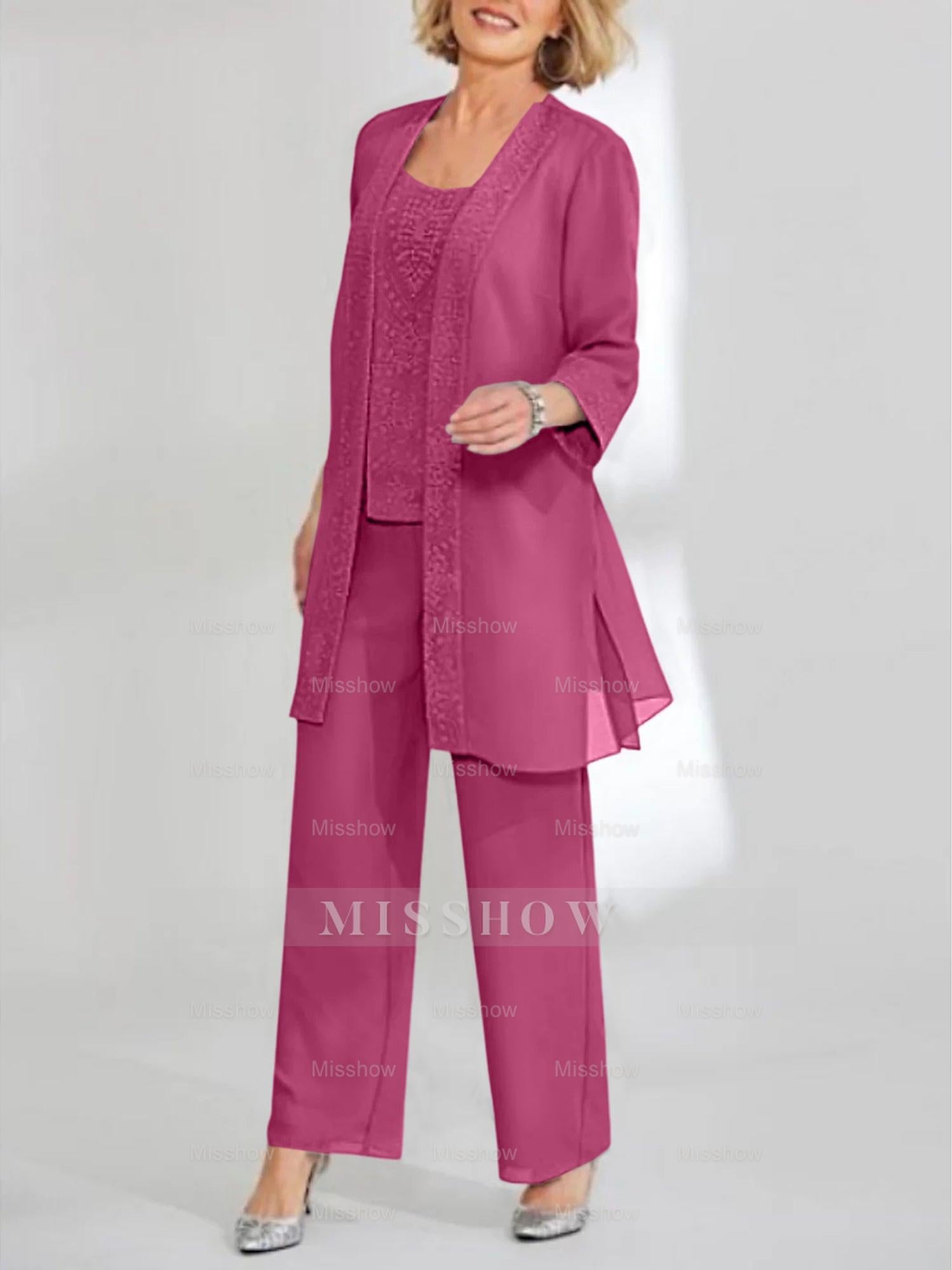 Ankle-Length Chiffon Mother of the Bride Pantsuit with Jacket in Scoop Style