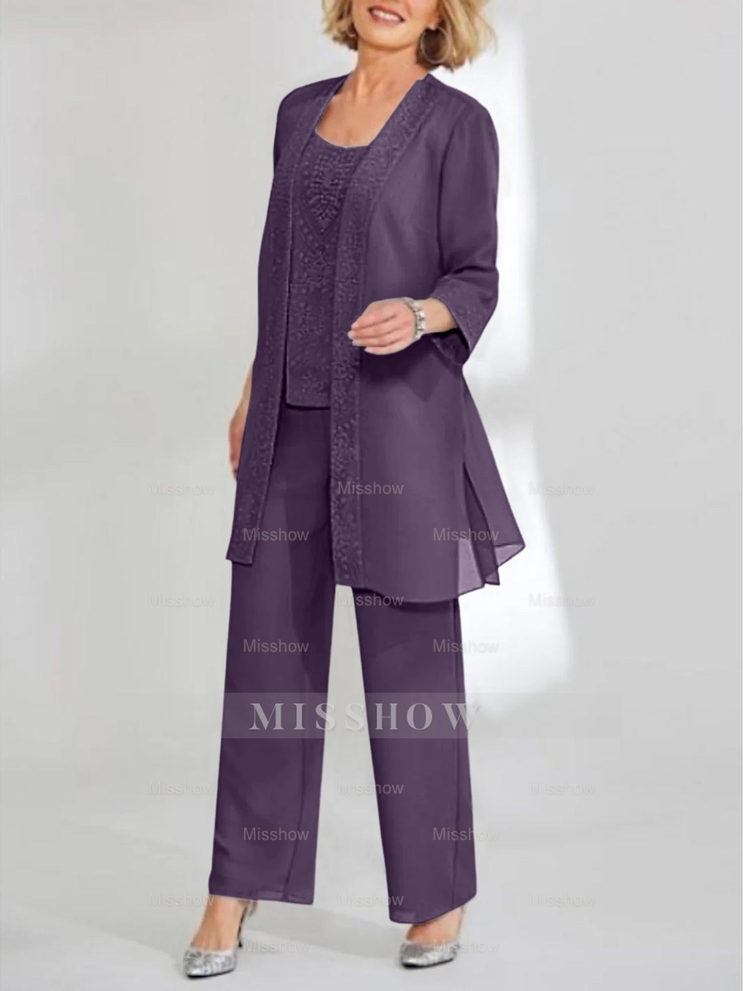 Ankle-Length Chiffon Mother of the Bride Pantsuit with Jacket in Scoop Style