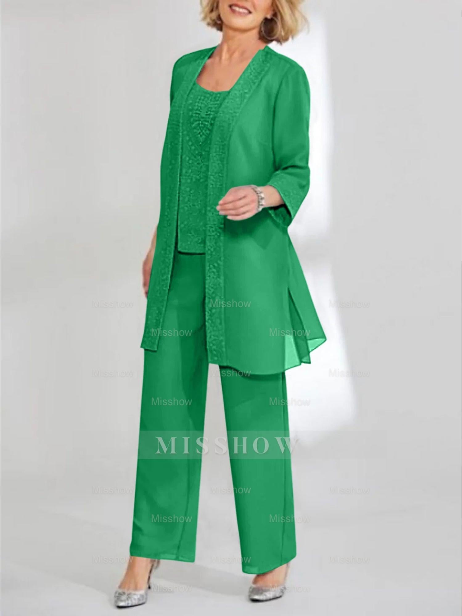 Ankle-Length Chiffon Mother of the Bride Pantsuit with Jacket in Scoop Style