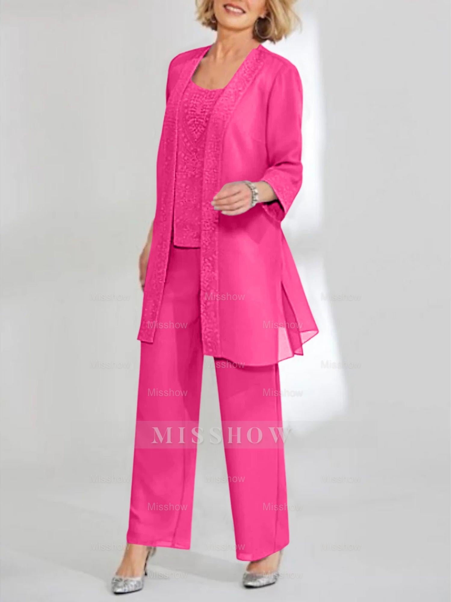 Ankle-Length Chiffon Mother of the Bride Pantsuit with Jacket in Scoop Style