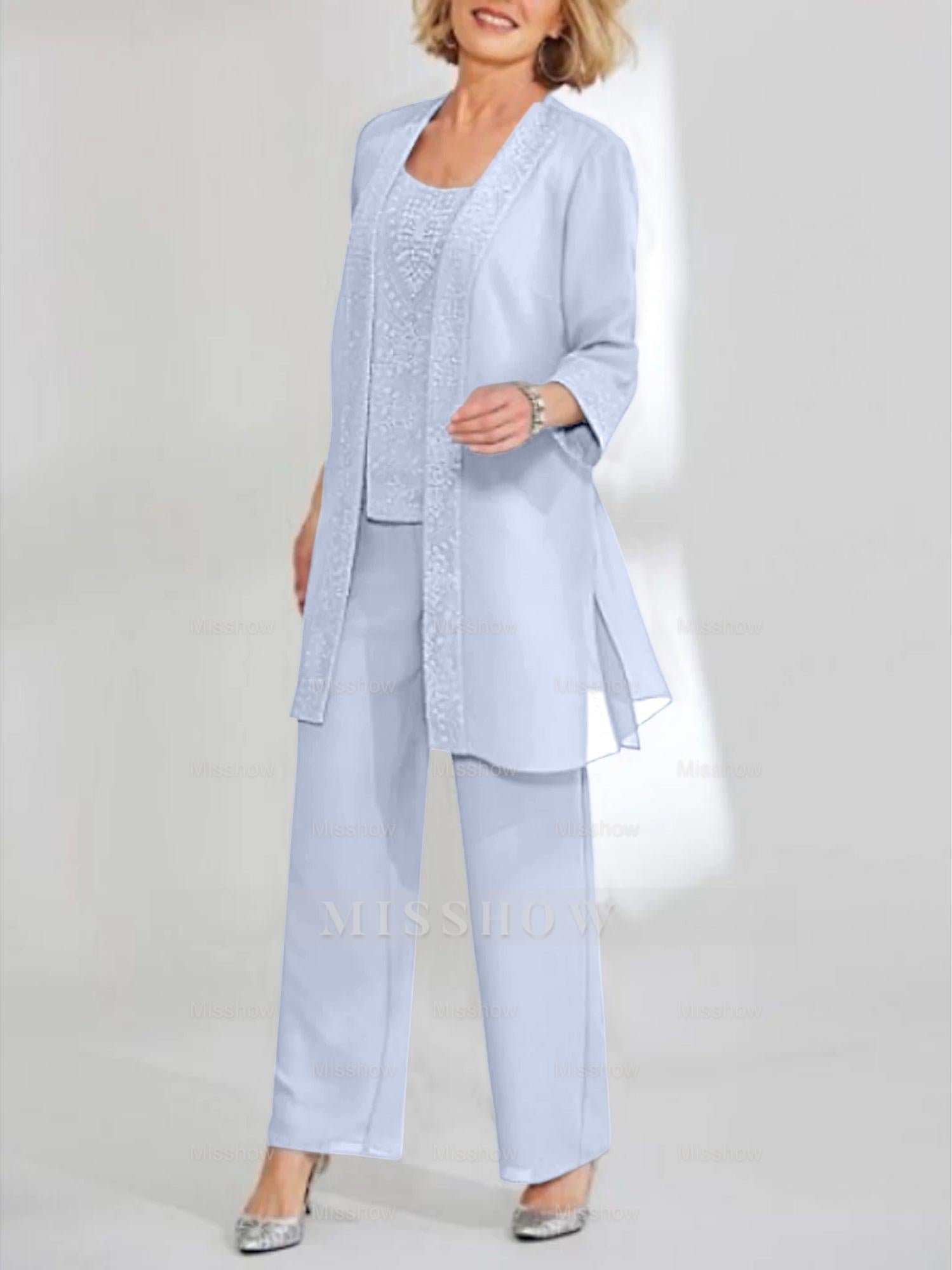 Ankle-Length Chiffon Mother of the Bride Pantsuit with Jacket in Scoop Style