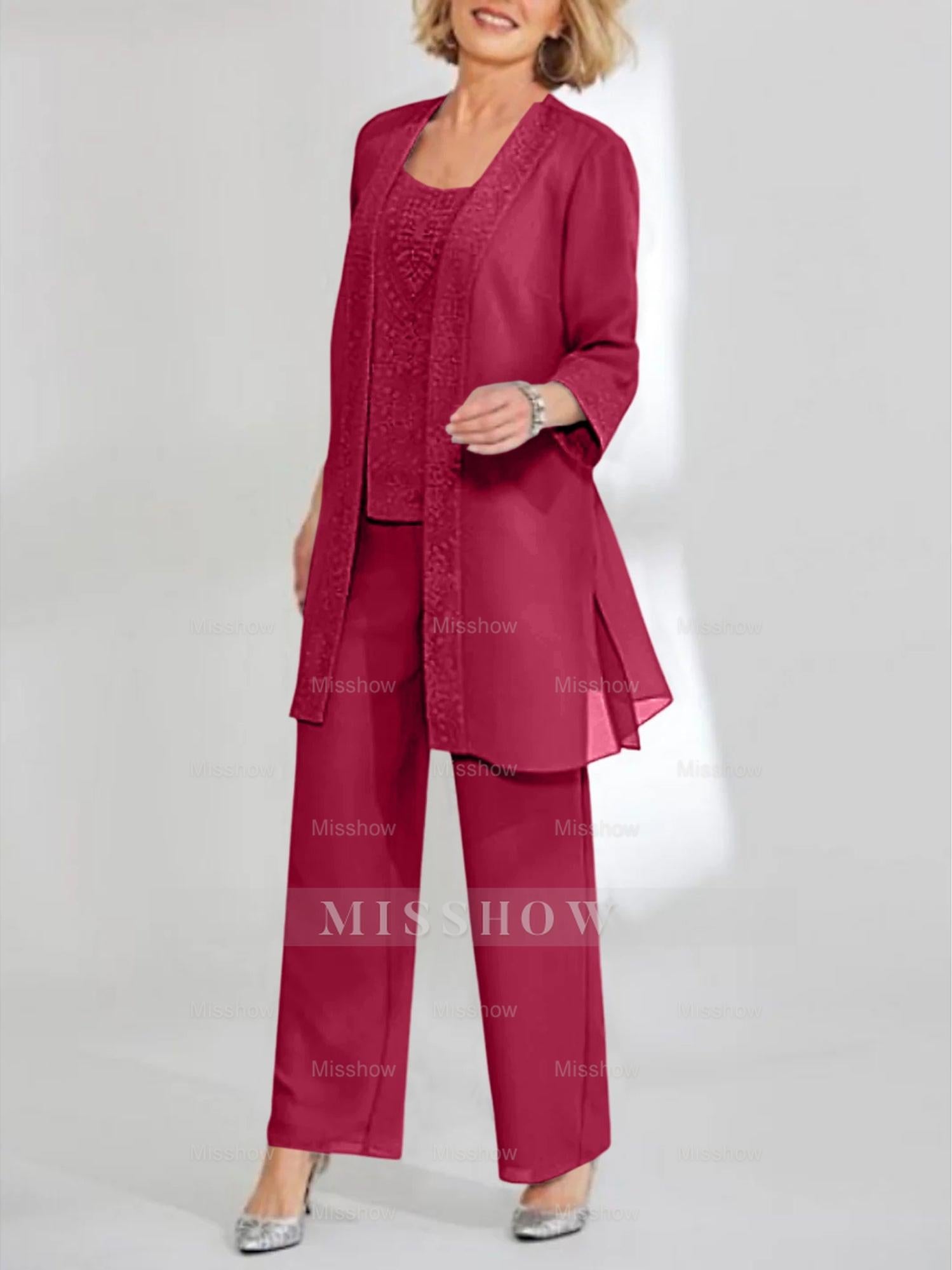 Ankle-Length Chiffon Mother of the Bride Pantsuit with Jacket in Scoop Style