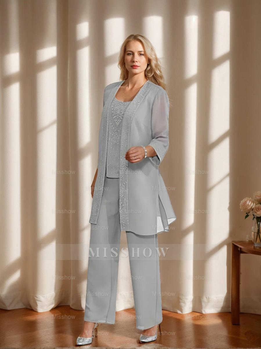 Ankle-Length Chiffon Mother of the Bride Pantsuit with Jacket in Scoop Style