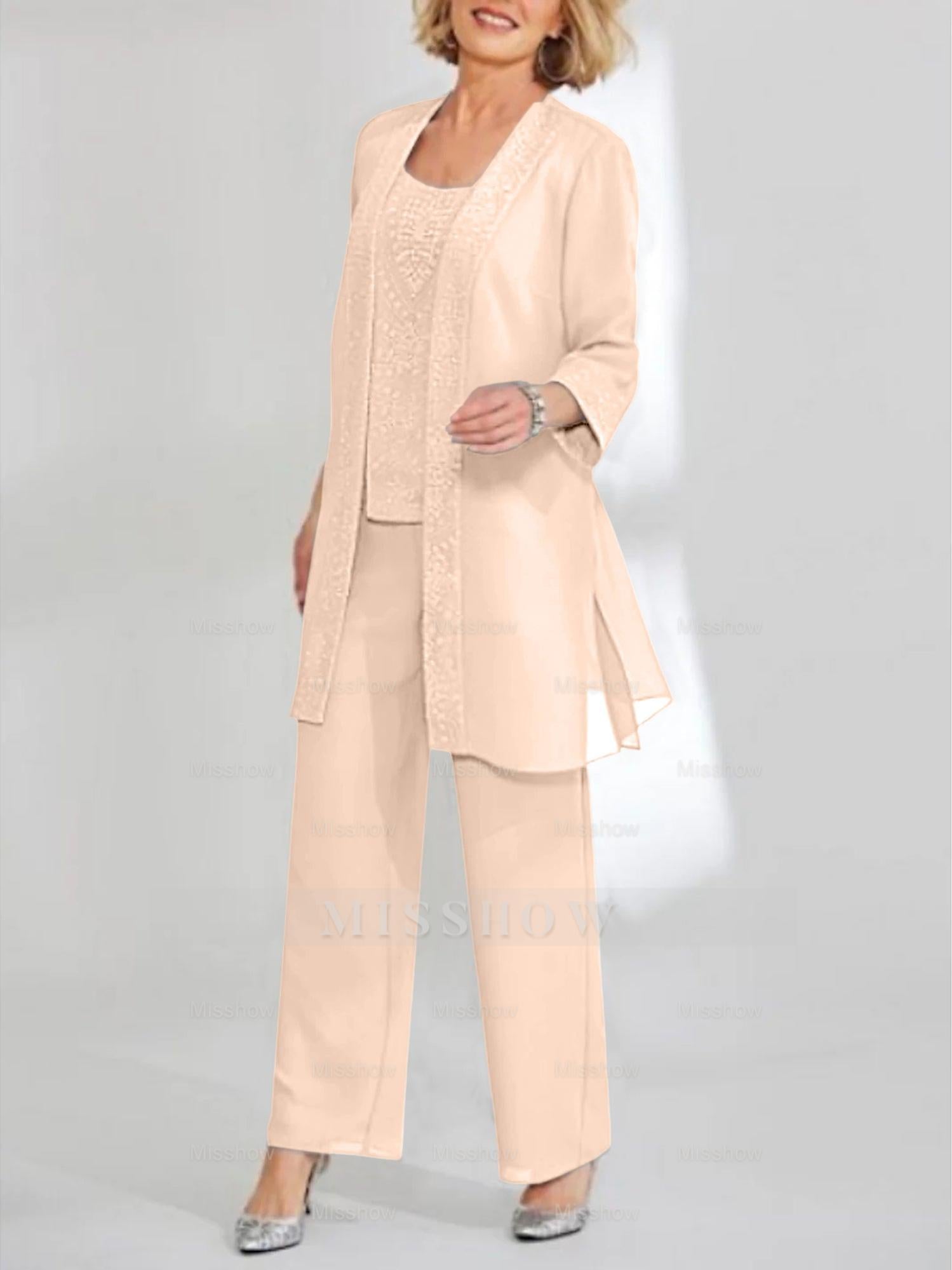Ankle-Length Chiffon Mother of the Bride Pantsuit with Jacket in Scoop Style