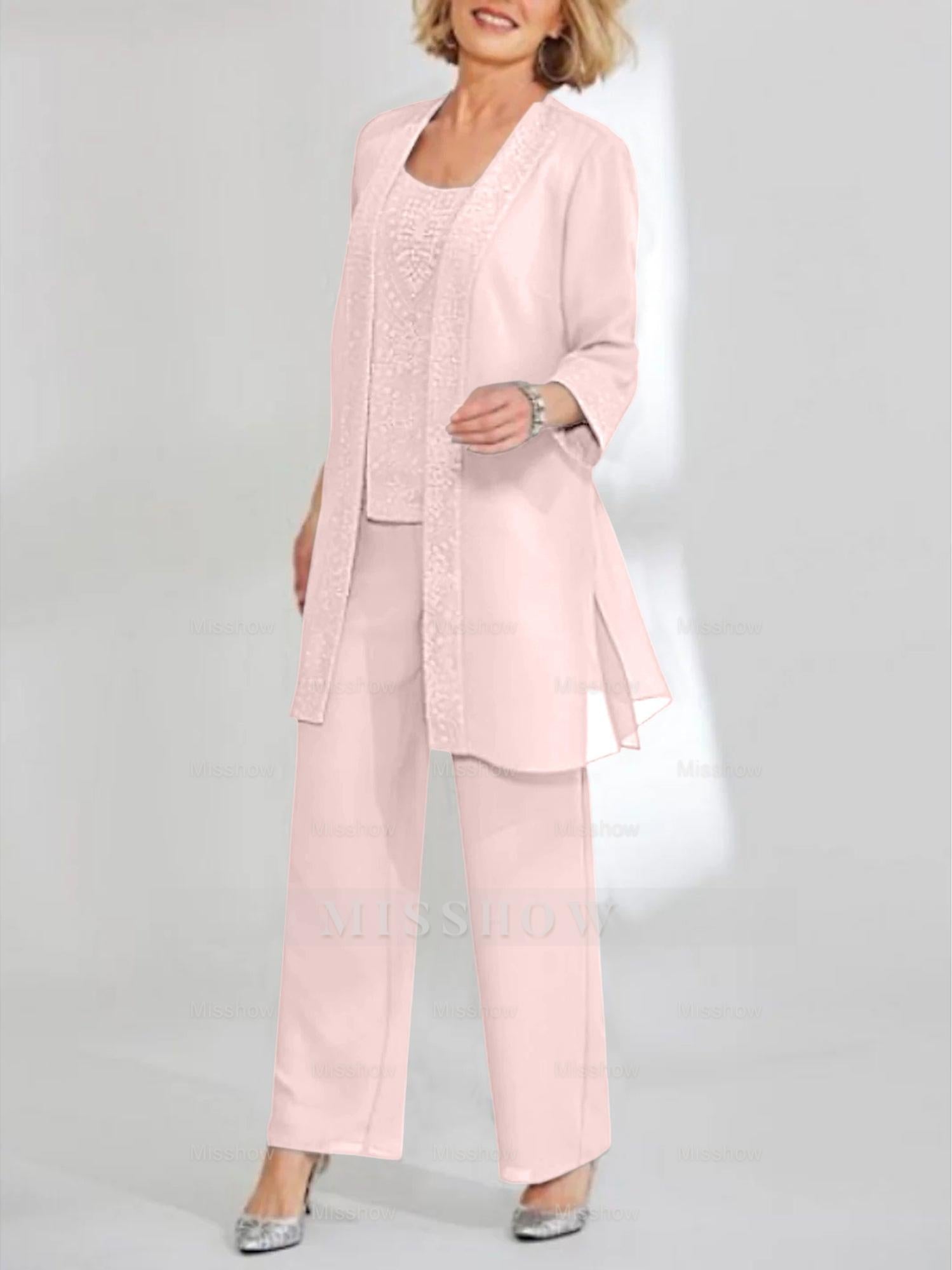 Ankle-Length Chiffon Mother of the Bride Pantsuit with Jacket in Scoop Style