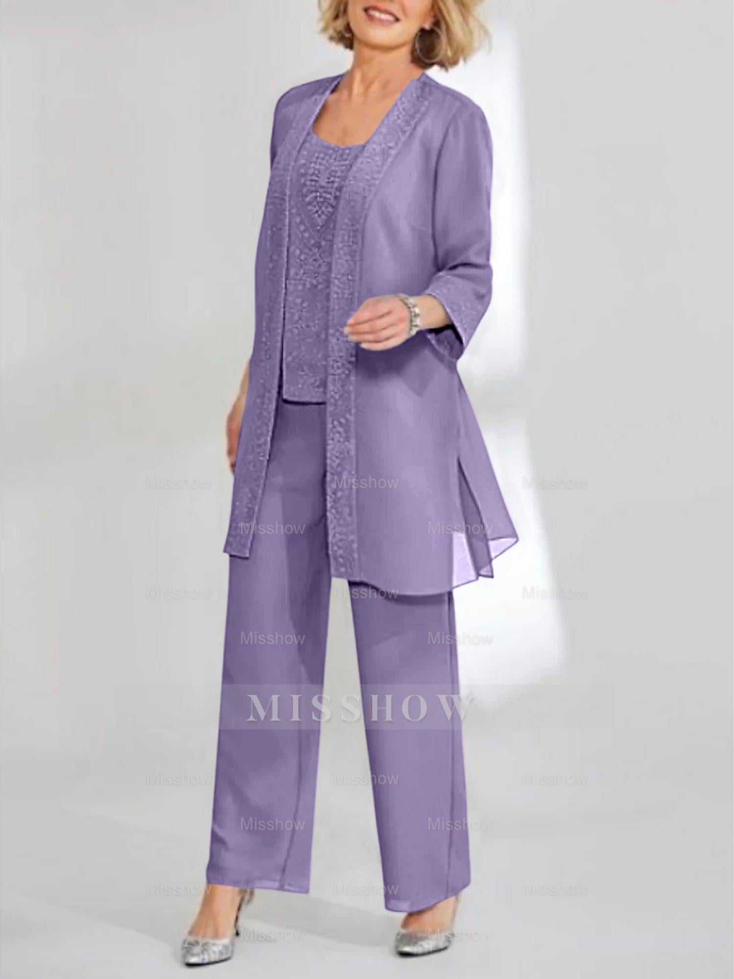 Ankle-Length Chiffon Mother of the Bride Pantsuit with Jacket in Scoop Style