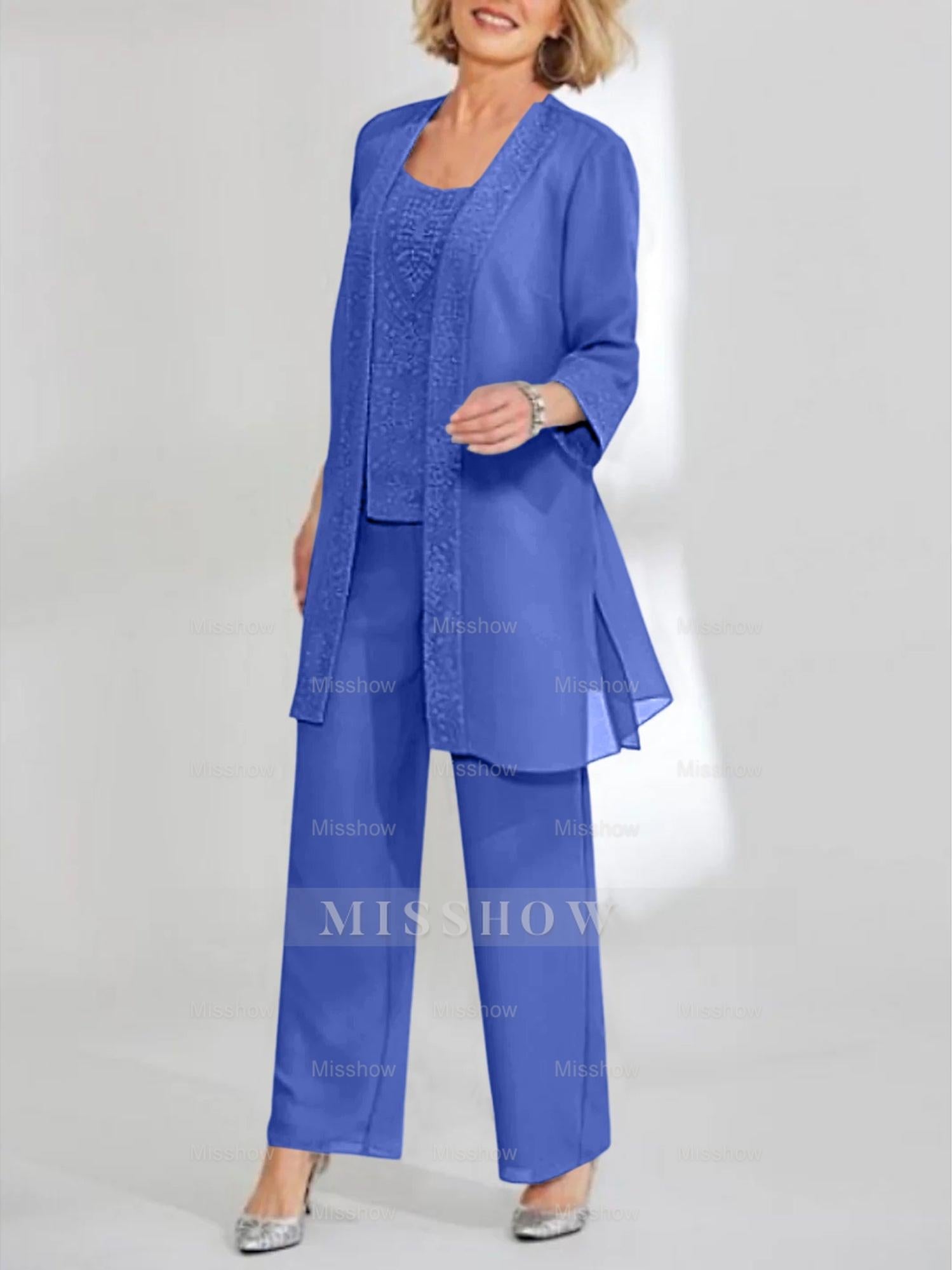 Ankle-Length Chiffon Mother of the Bride Pantsuit with Jacket in Scoop Style