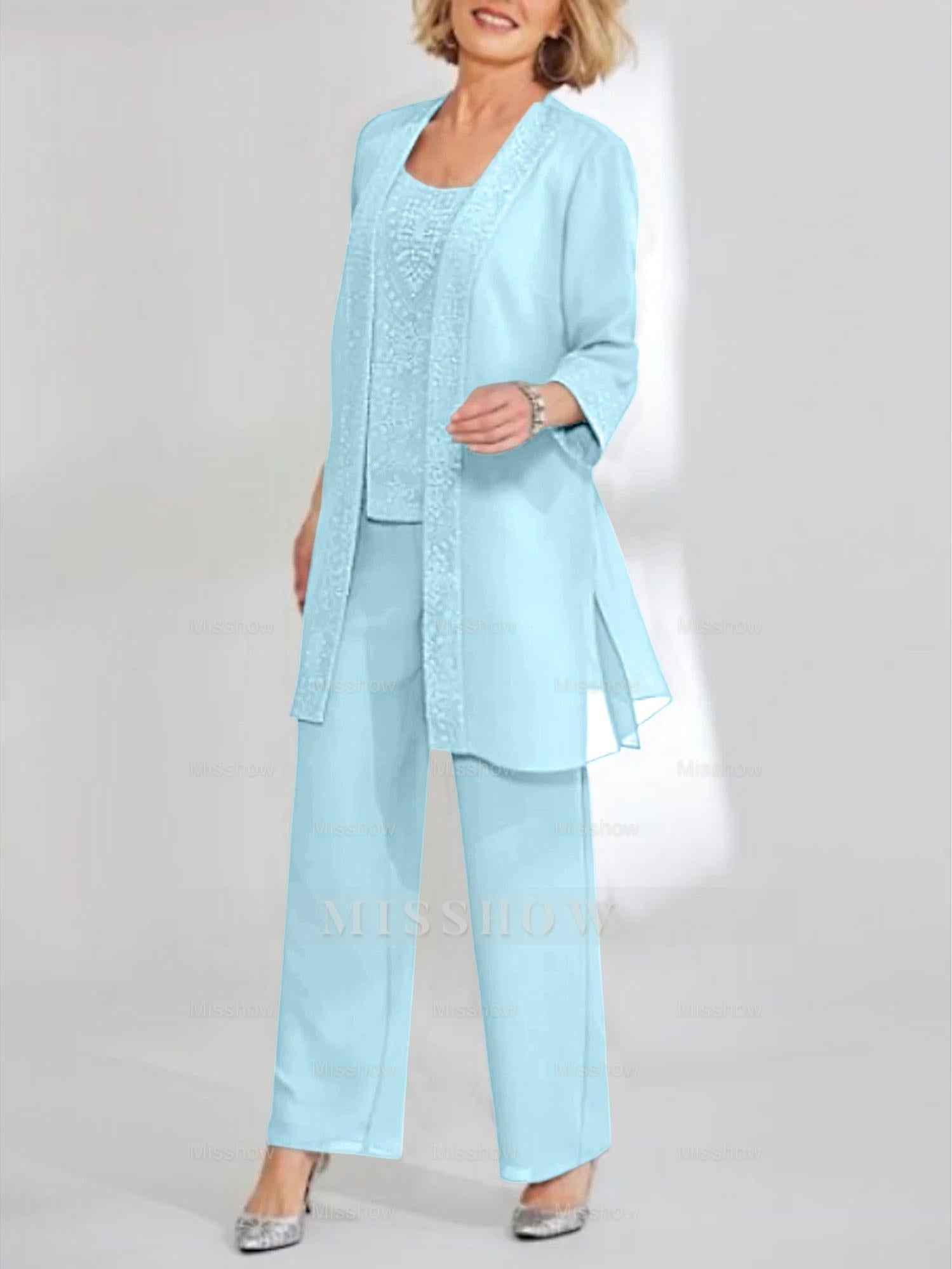 Ankle-Length Chiffon Mother of the Bride Pantsuit with Jacket in Scoop Style