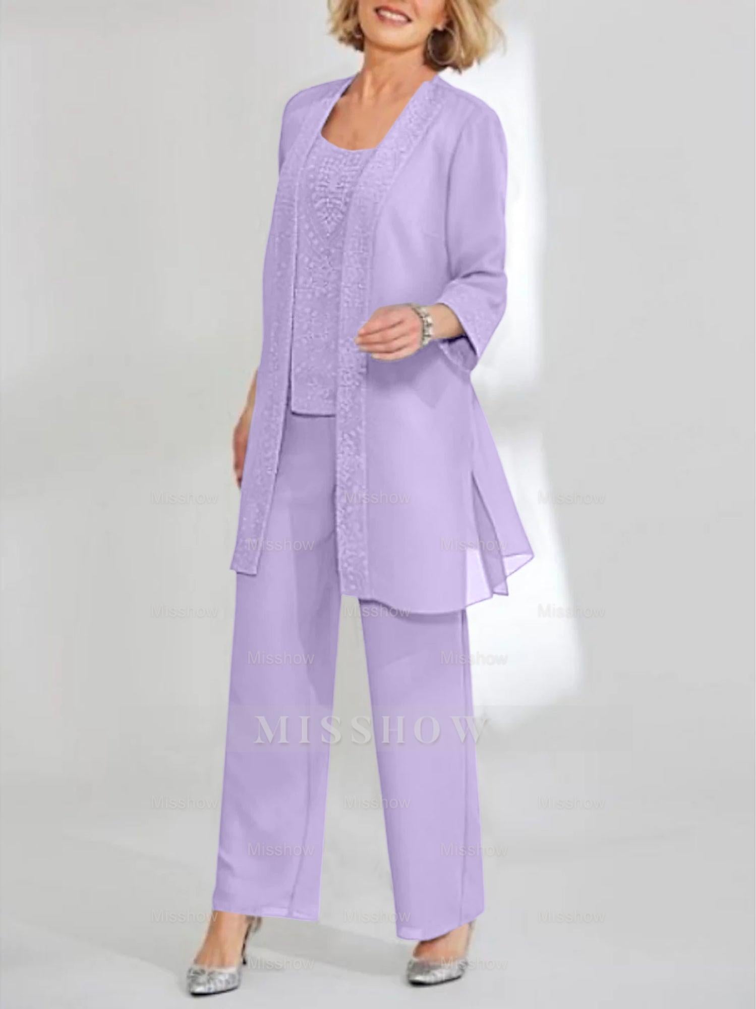 Ankle-Length Chiffon Mother of the Bride Pantsuit with Jacket in Scoop Style