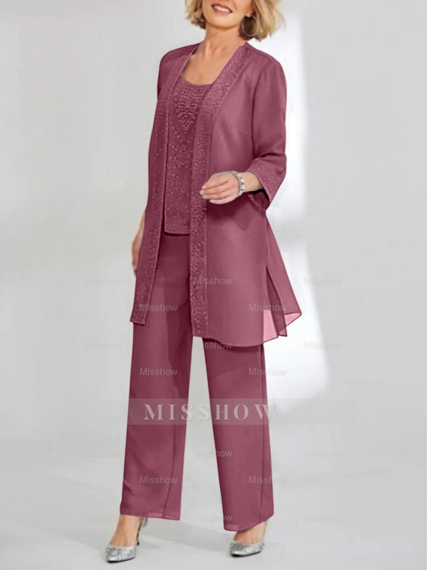 Ankle-Length Chiffon Mother of the Bride Pantsuit with Jacket in Scoop Style