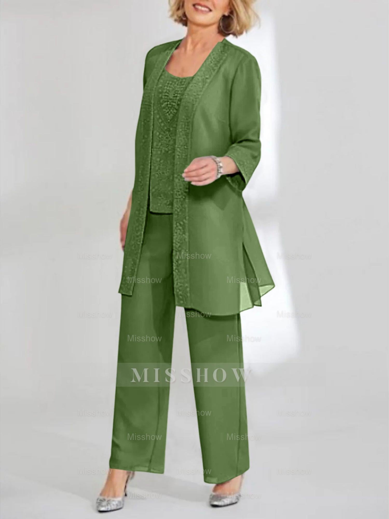 Ankle-Length Chiffon Mother of the Bride Pantsuit with Jacket in Scoop Style