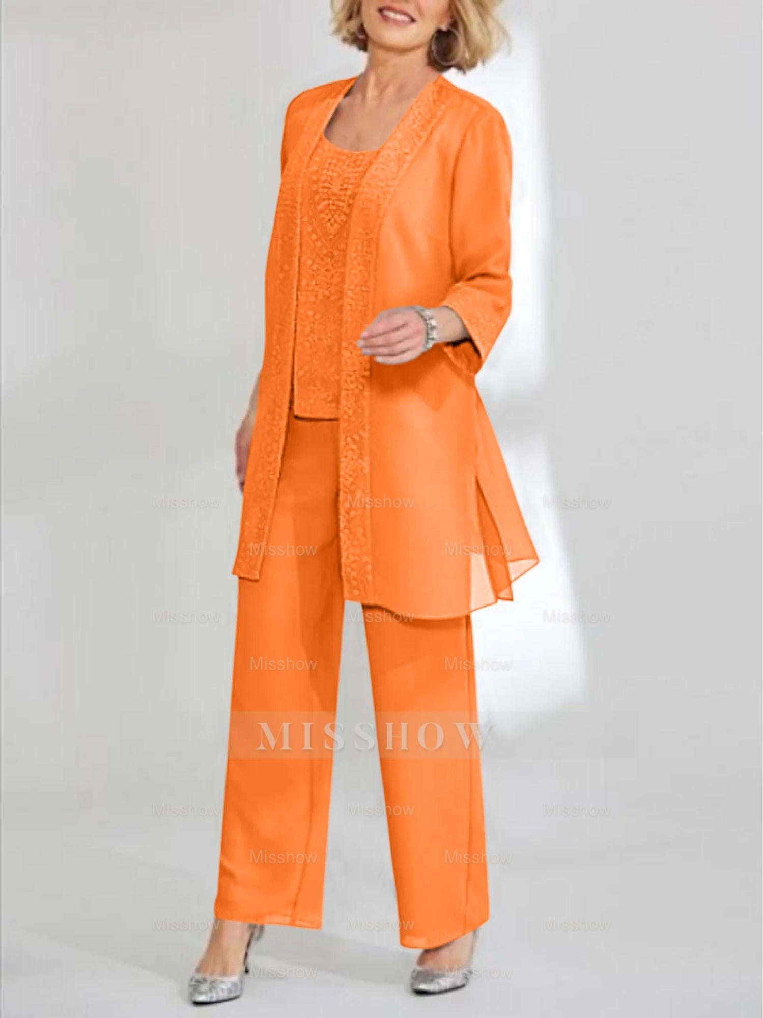 Ankle-Length Chiffon Mother of the Bride Pantsuit with Jacket in Scoop Style