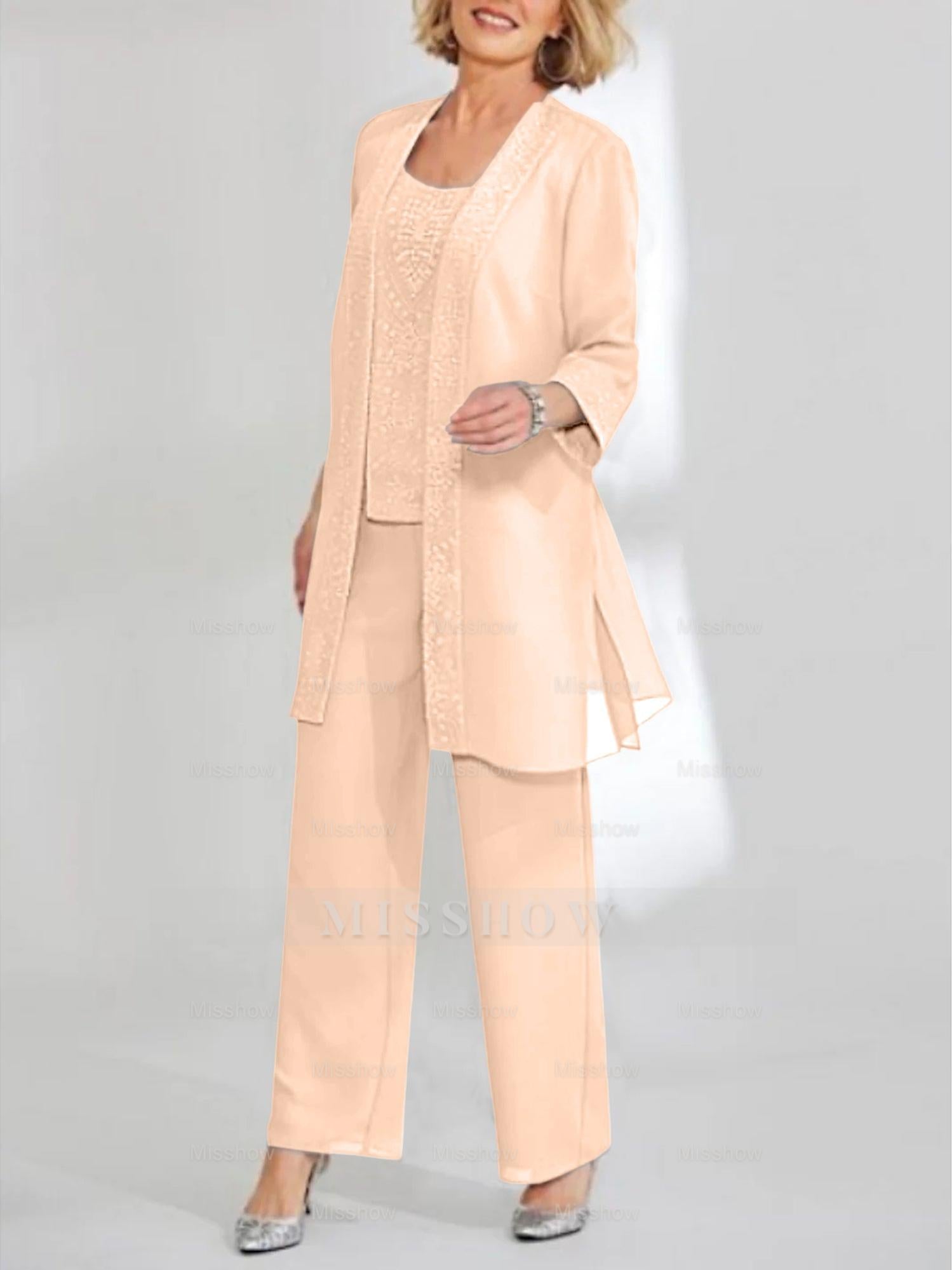 Ankle-Length Chiffon Mother of the Bride Pantsuit with Jacket in Scoop Style