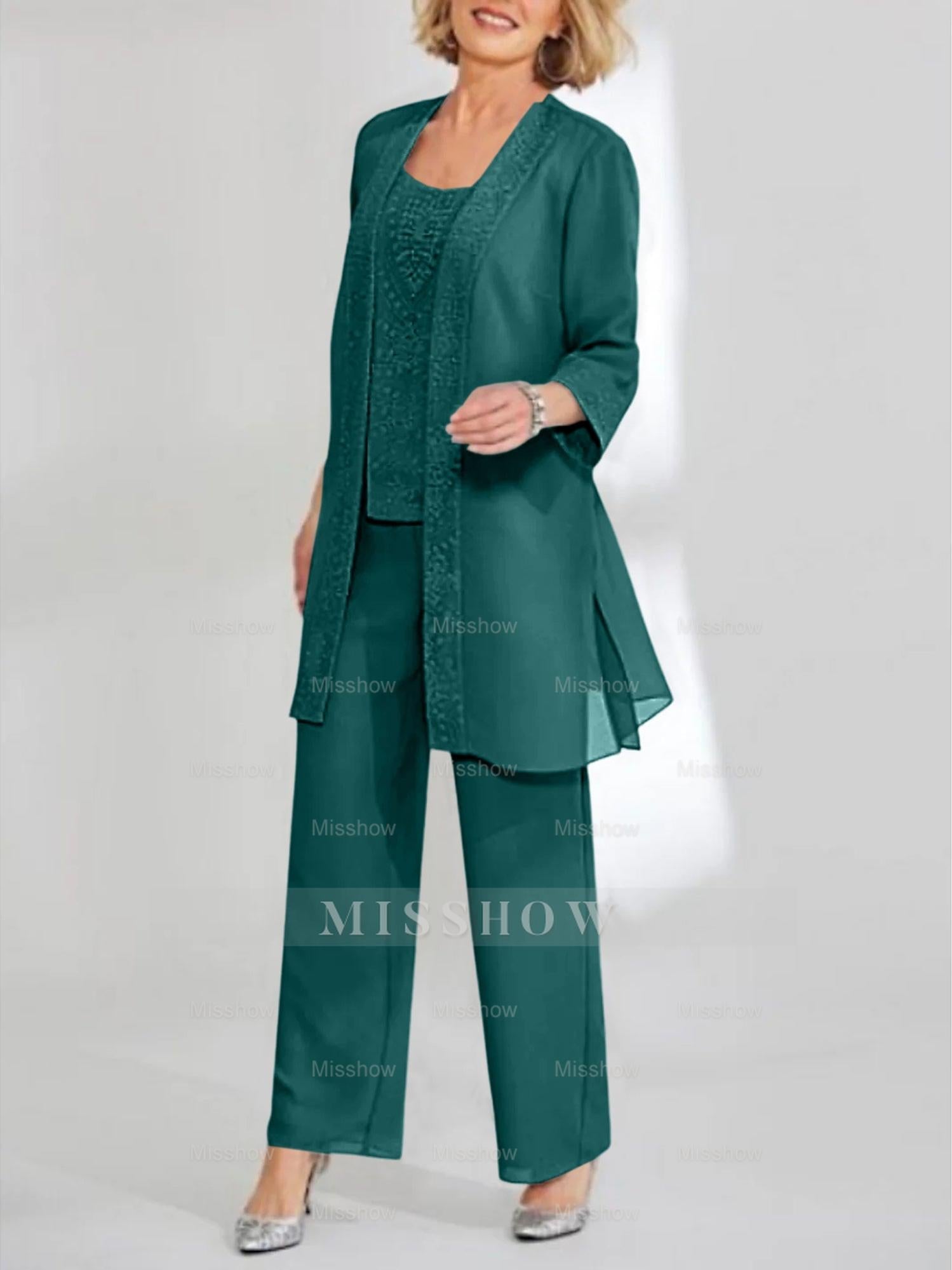 Ankle-Length Chiffon Mother of the Bride Pantsuit with Jacket in Scoop Style