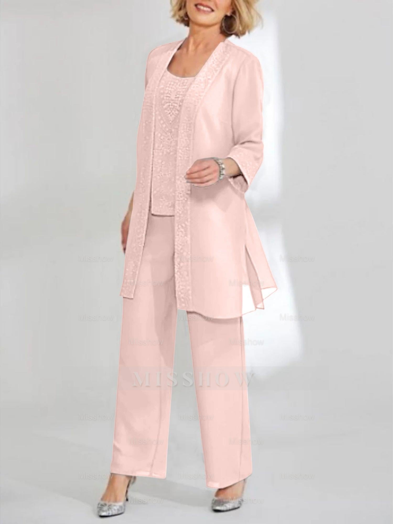 Ankle-Length Chiffon Mother of the Bride Pantsuit with Jacket in Scoop Style