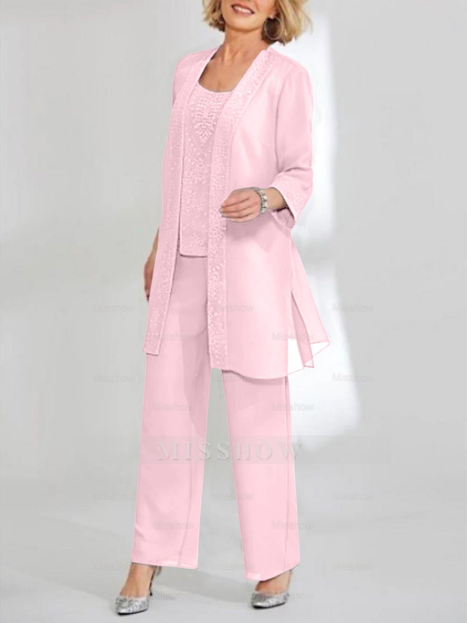 Ankle-Length Chiffon Mother of the Bride Pantsuit with Jacket in Scoop Style