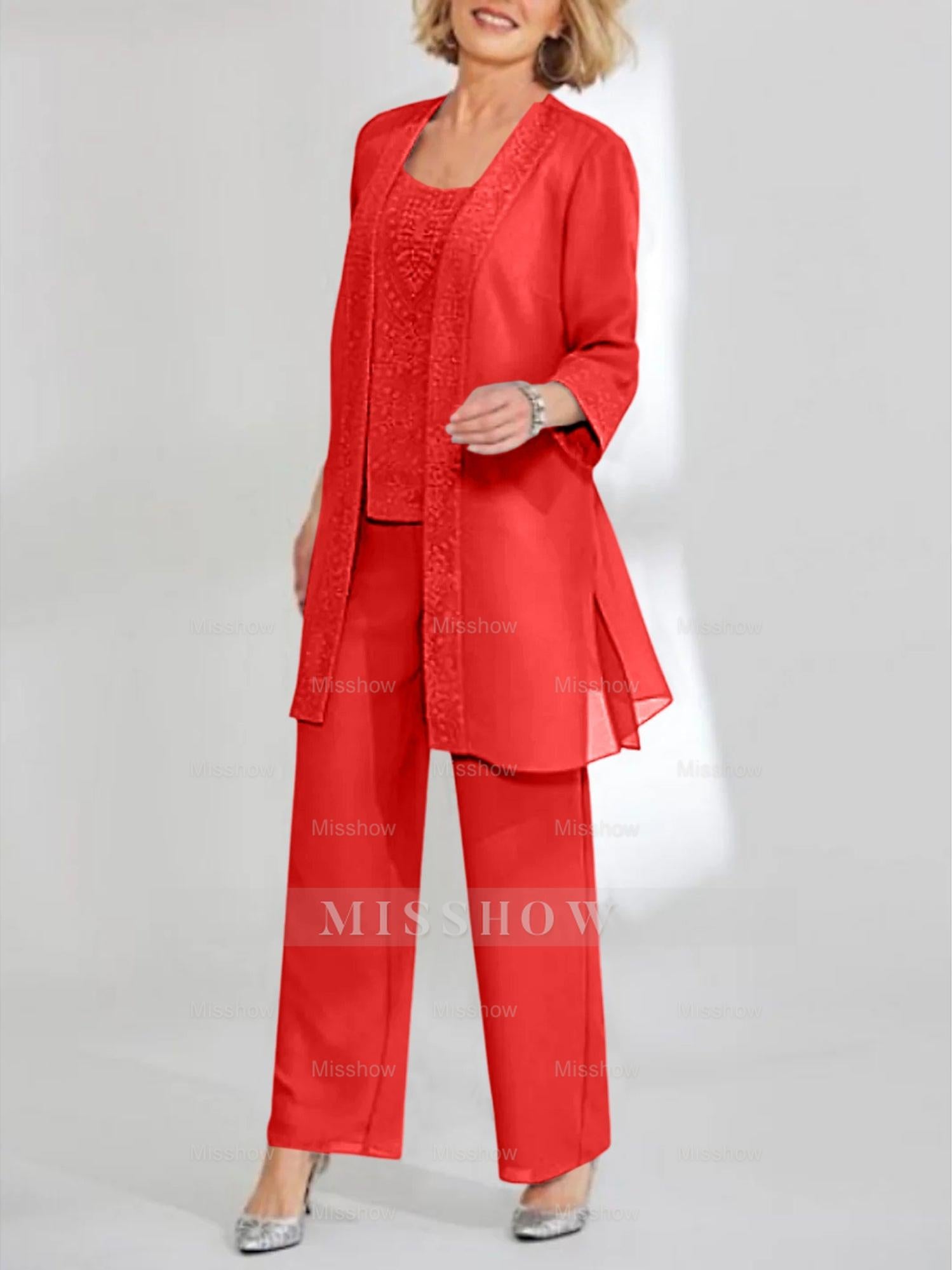 Ankle-Length Chiffon Mother of the Bride Pantsuit with Jacket in Scoop Style