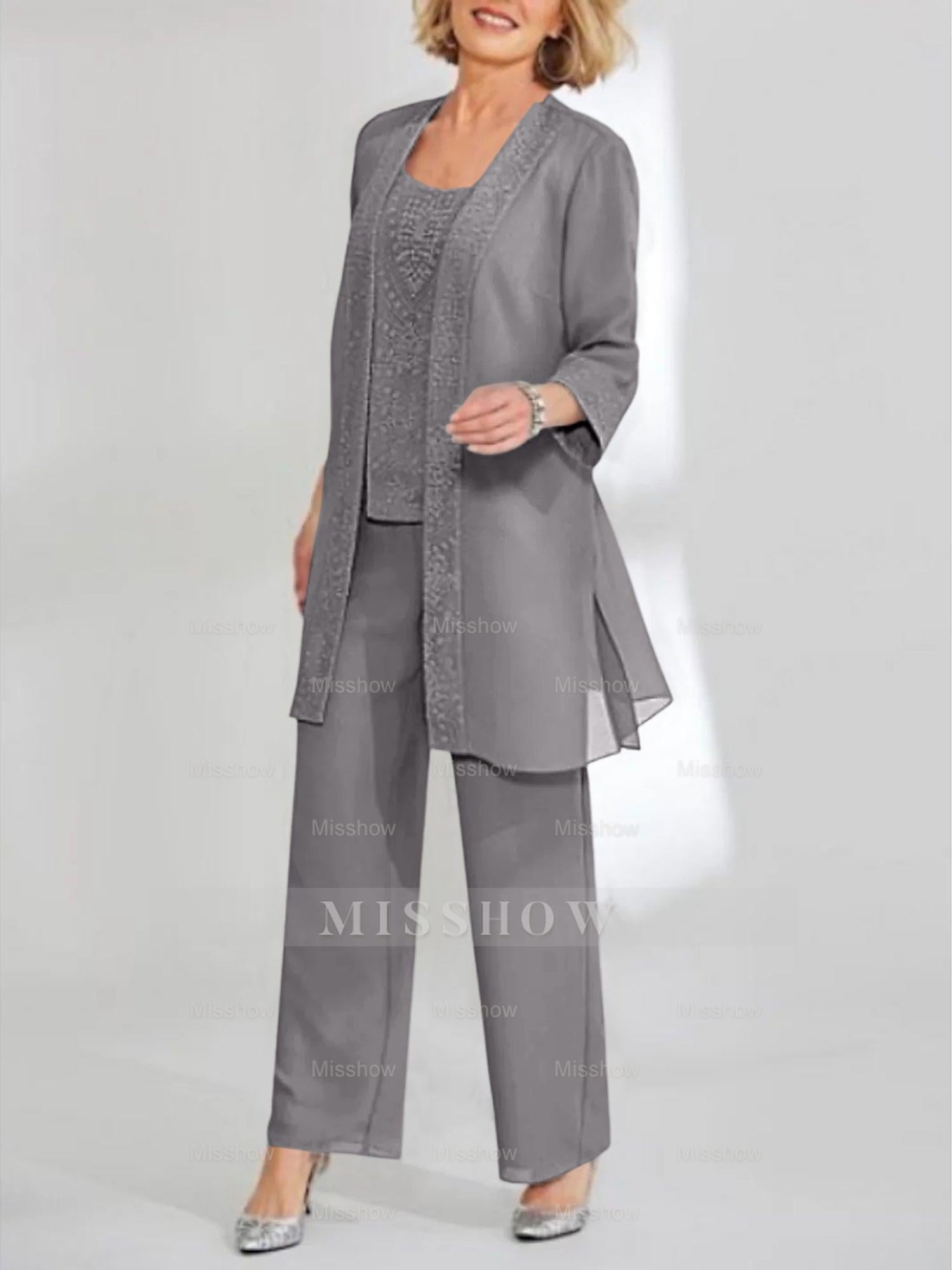 Ankle-Length Chiffon Mother of the Bride Pantsuit with Jacket in Scoop Style