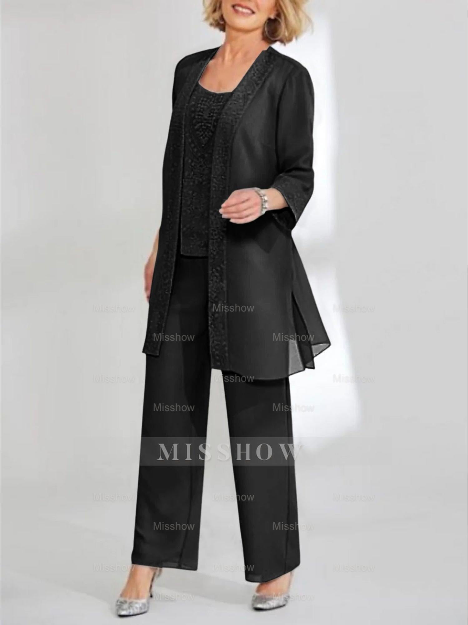 Ankle-Length Chiffon Mother of the Bride Pantsuit with Jacket in Scoop Style