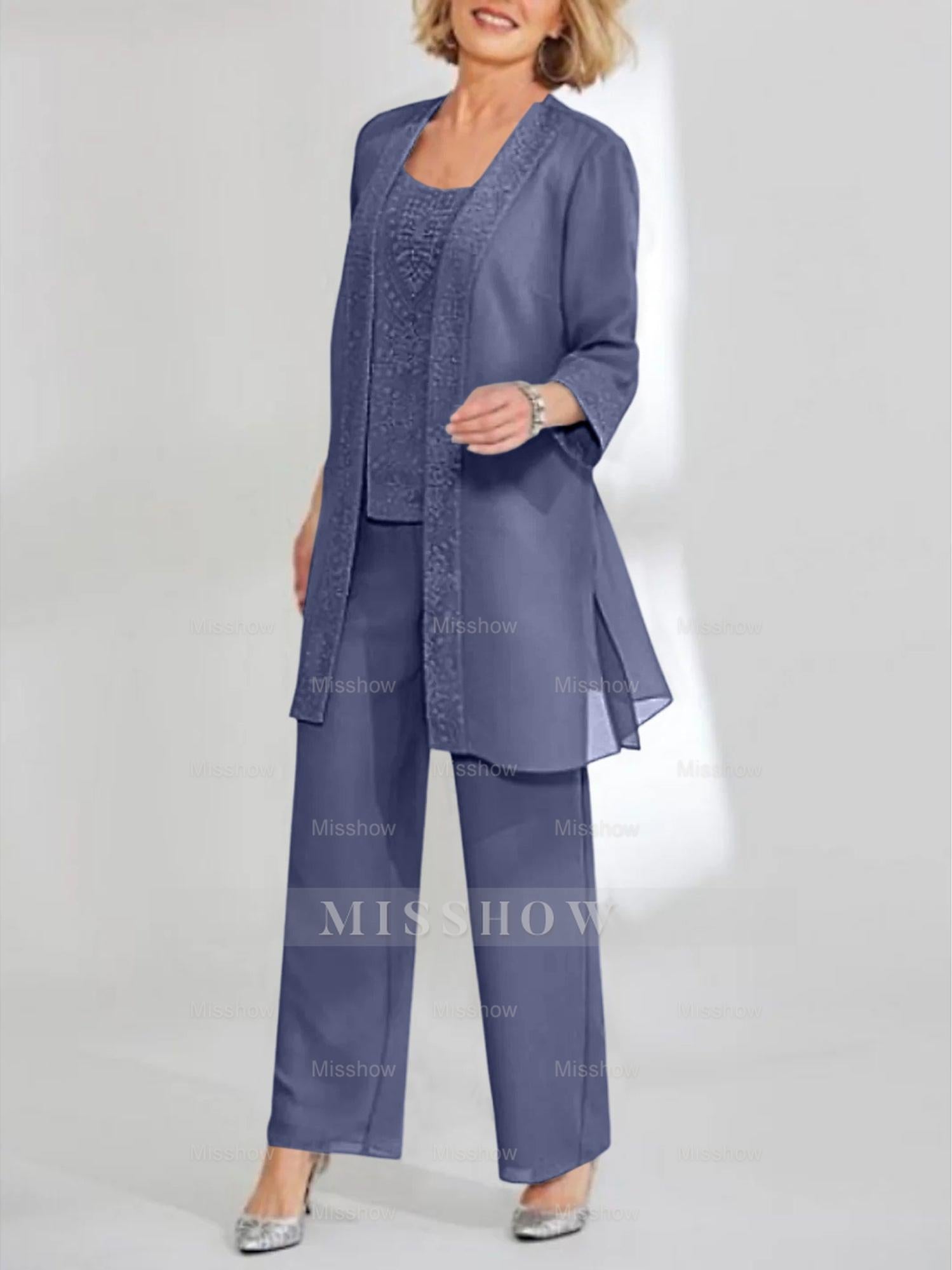 Ankle-Length Chiffon Mother of the Bride Pantsuit with Jacket in Scoop Style