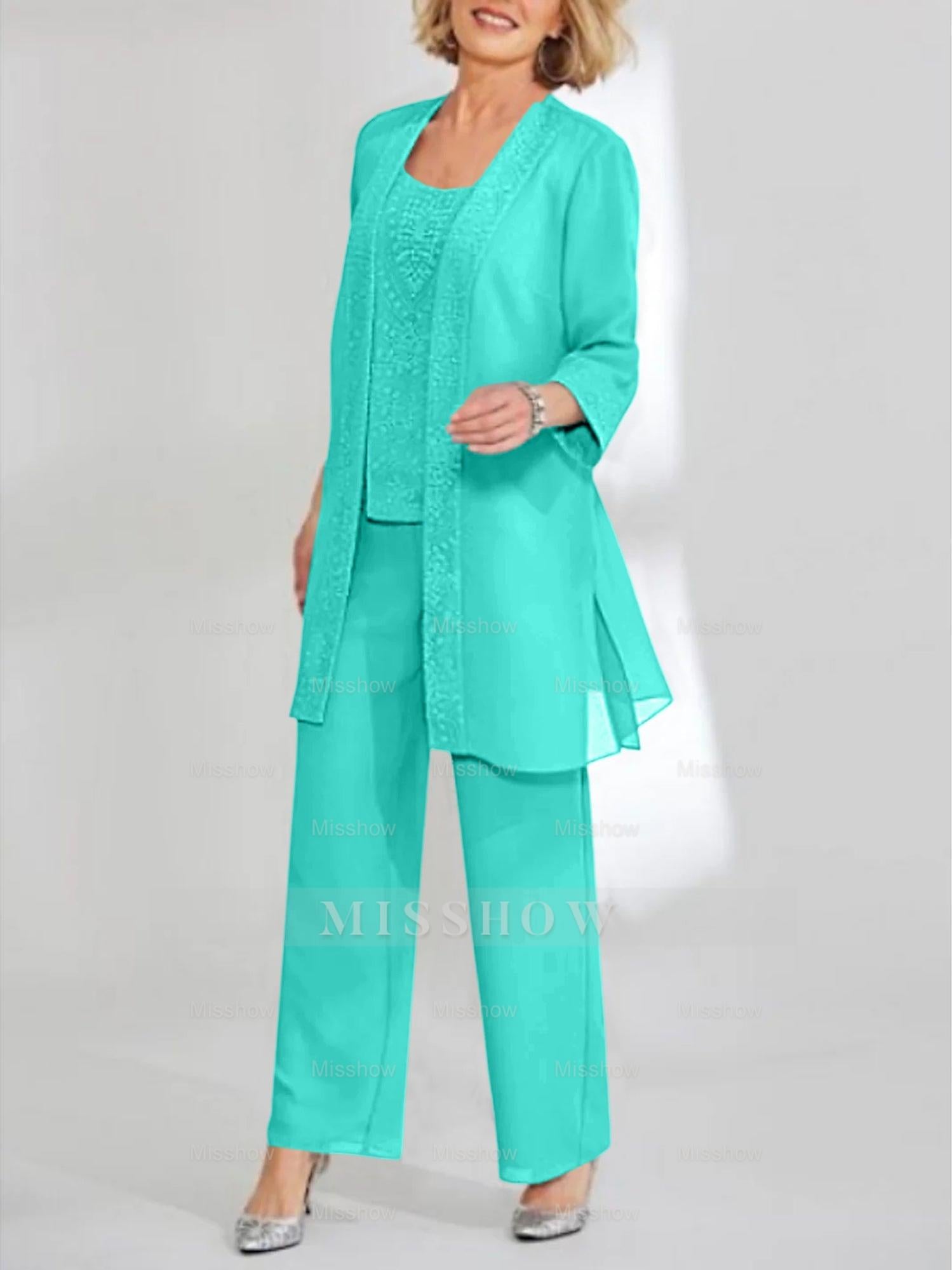 Ankle-Length Chiffon Mother of the Bride Pantsuit with Jacket in Scoop Style