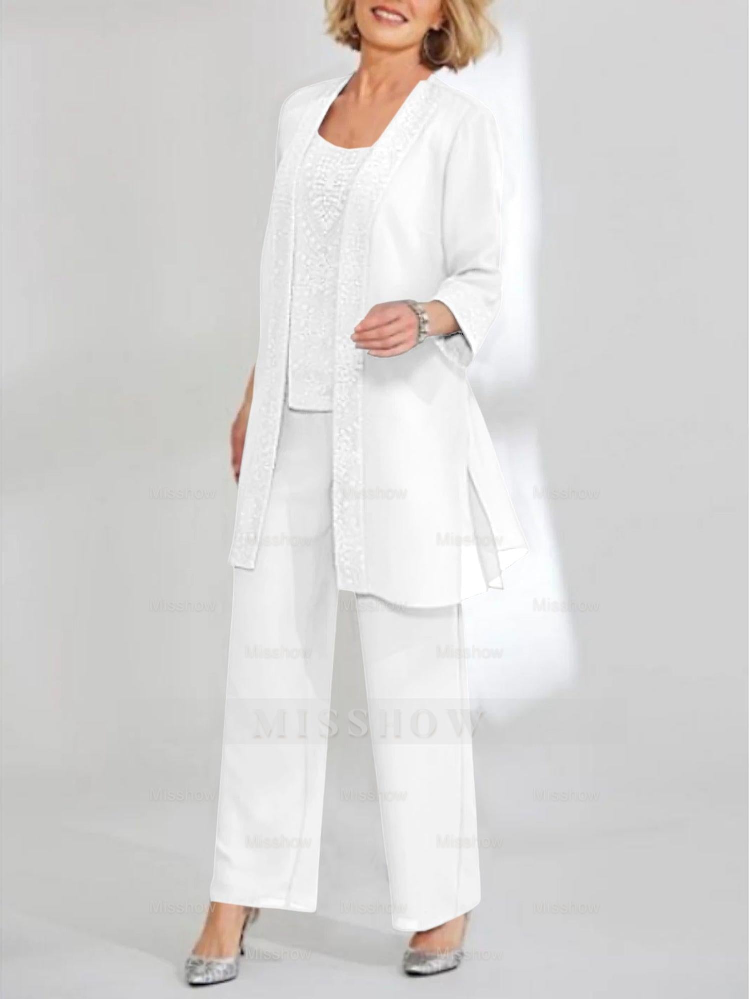 Ankle-Length Chiffon Mother of the Bride Pantsuit with Jacket in Scoop Style