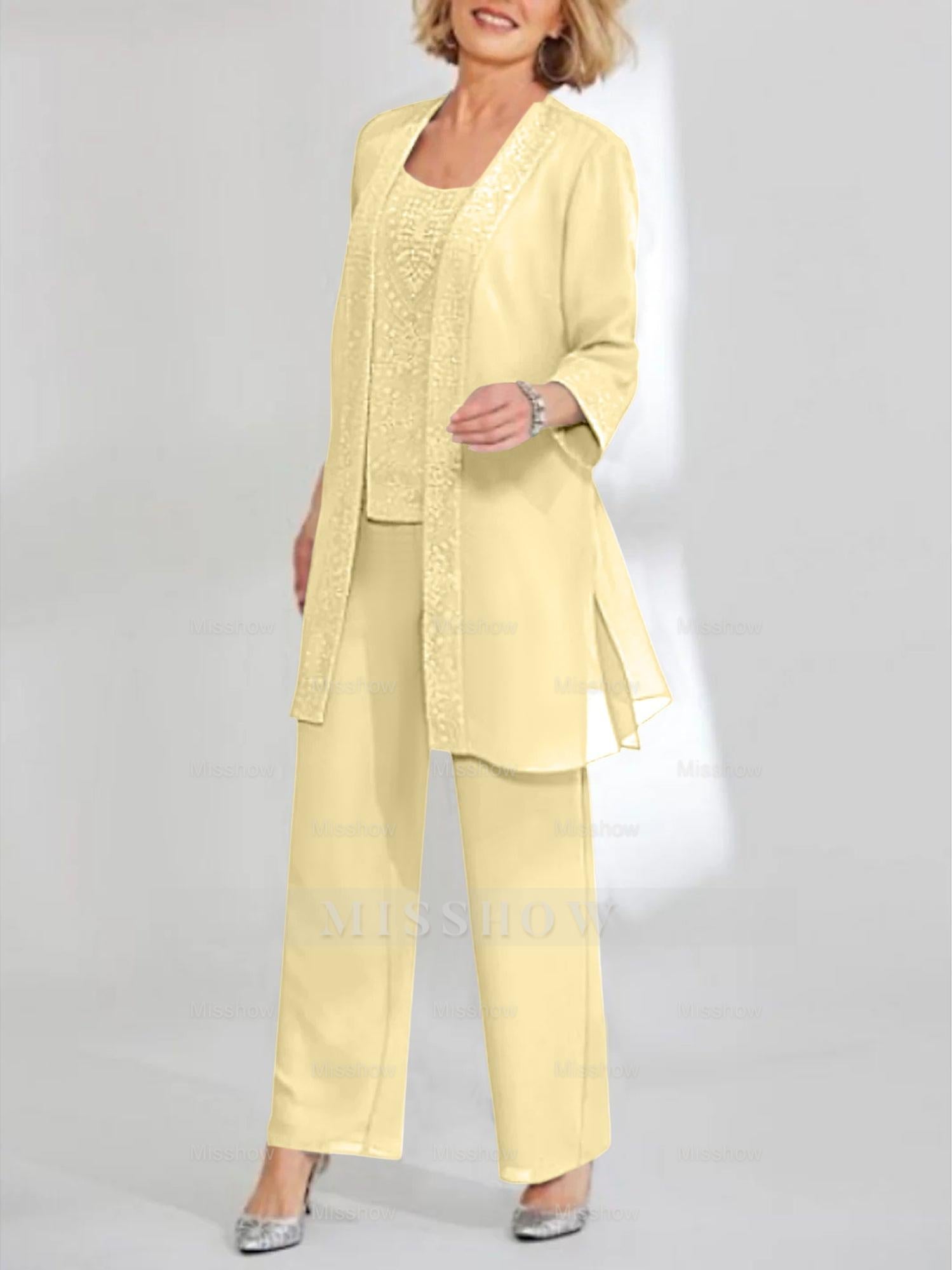 Ankle-Length Chiffon Mother of the Bride Pantsuit with Jacket in Scoop Style