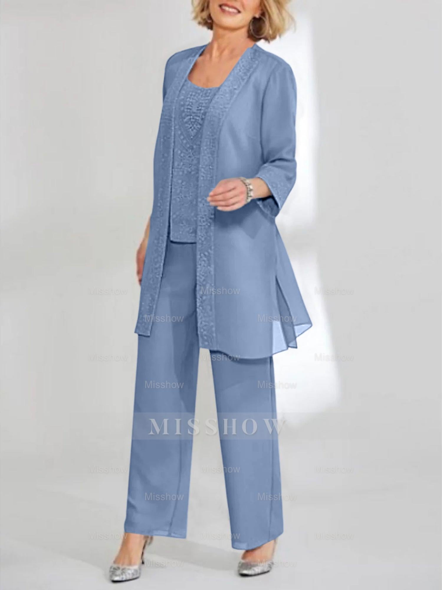 Ankle-Length Chiffon Mother of the Bride Pantsuit with Jacket in Scoop Style