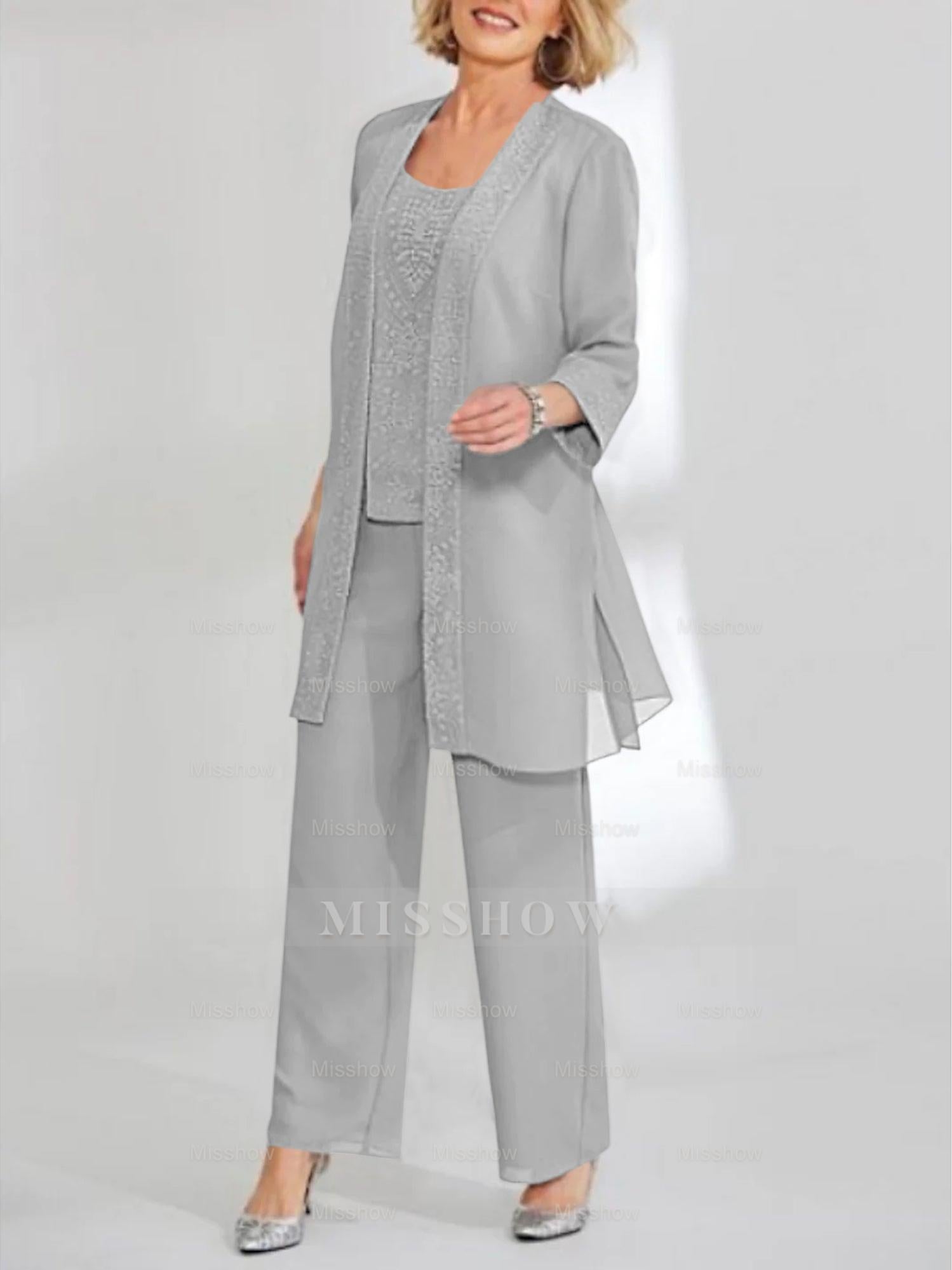 Ankle-Length Chiffon Mother of the Bride Pantsuit with Jacket in Scoop Style