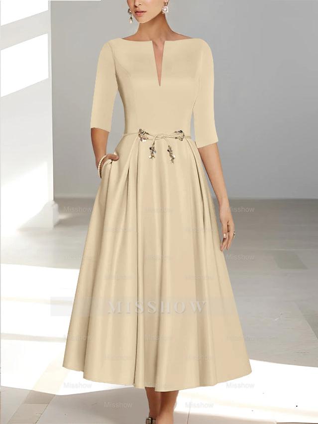 Ankle-Length Mother of the Bride A-Line Dress with Half Sleeves and Pockets