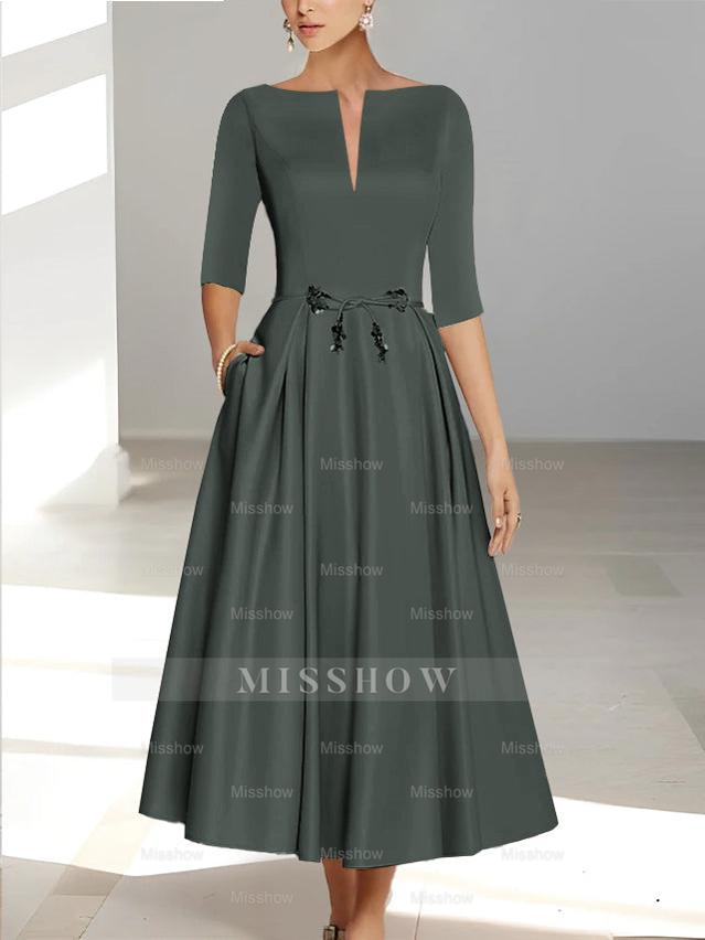 Ankle-Length Mother of the Bride A-Line Dress with Half Sleeves and Pockets