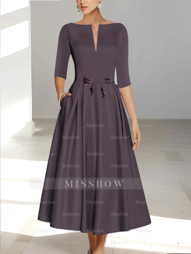 Ankle-Length Mother of the Bride A-Line Dress with Half Sleeves and Pockets
