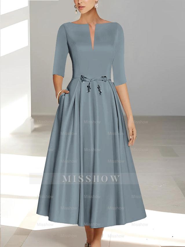 Ankle-Length Mother of the Bride A-Line Dress with Half Sleeves and Pockets