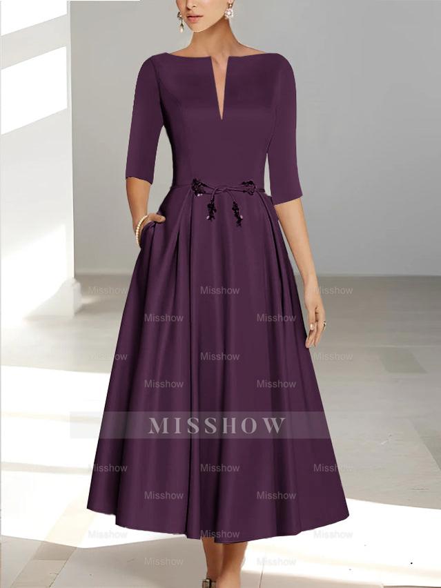 Ankle-Length Mother of the Bride A-Line Dress with Half Sleeves and Pockets