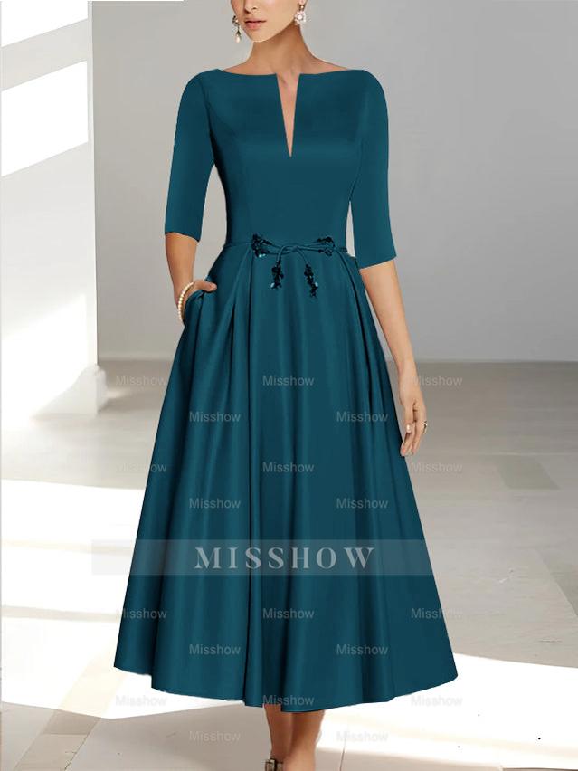 Ankle-Length Mother of the Bride A-Line Dress with Half Sleeves and Pockets