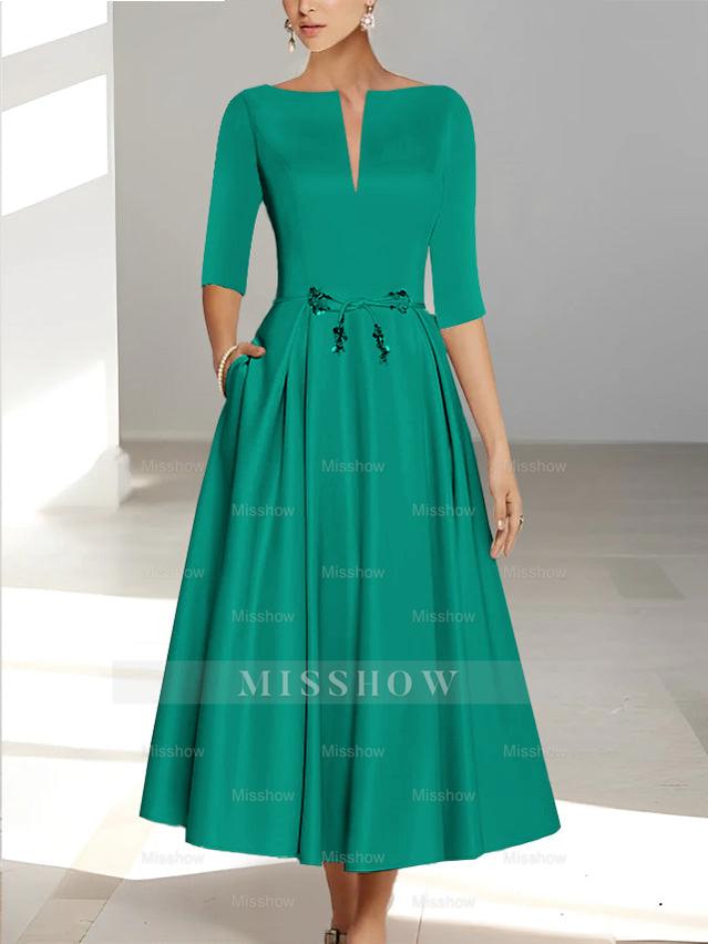 Ankle-Length Mother of the Bride A-Line Dress with Half Sleeves and Pockets