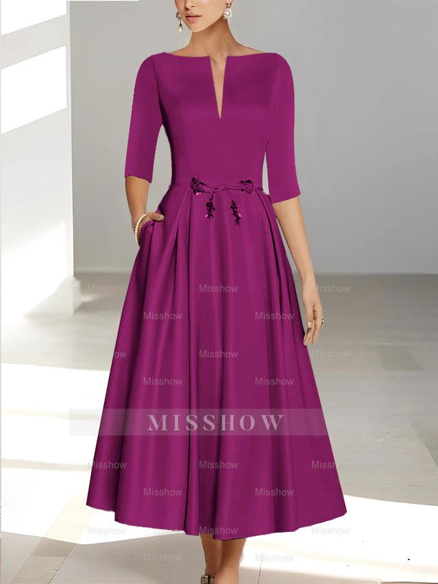 Ankle-Length Mother of the Bride A-Line Dress with Half Sleeves and Pockets