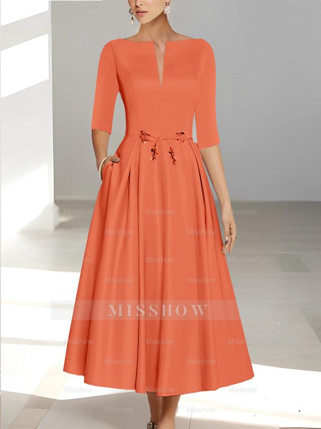 Ankle-Length Mother of the Bride A-Line Dress with Half Sleeves and Pockets