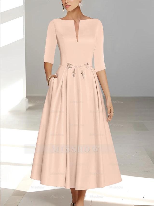 Ankle-Length Mother of the Bride A-Line Dress with Half Sleeves and Pockets