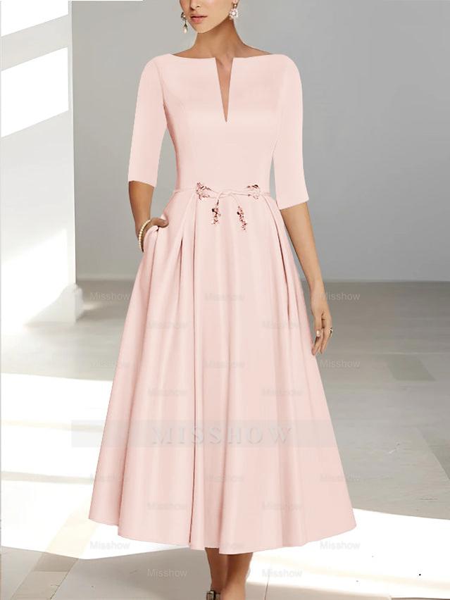 Ankle-Length Mother of the Bride A-Line Dress with Half Sleeves and Pockets