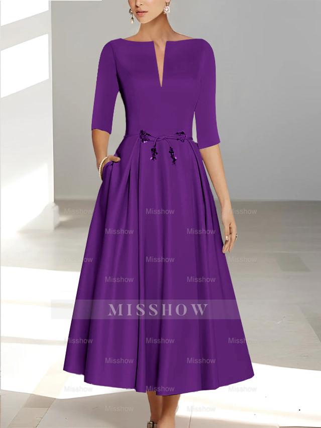 Ankle-Length Mother of the Bride A-Line Dress with Half Sleeves and Pockets