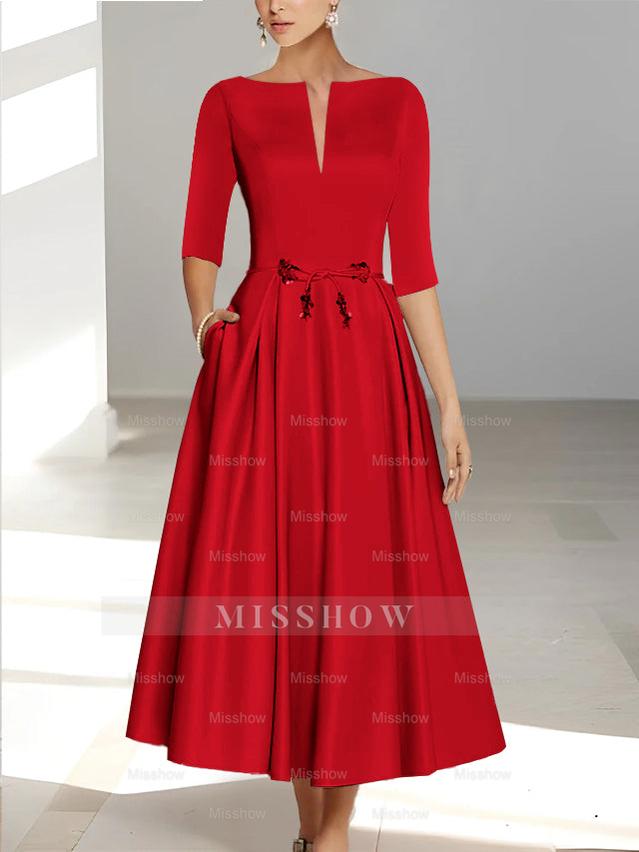 Ankle-Length Mother of the Bride A-Line Dress with Half Sleeves and Pockets